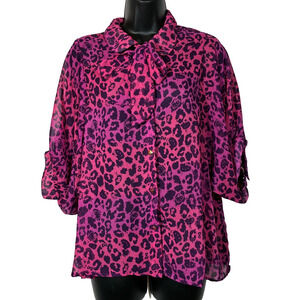 Hello Kitty Blouse with Tie Purple Pink Cheetah Animal Print Sheer 3/4 Sleeve L